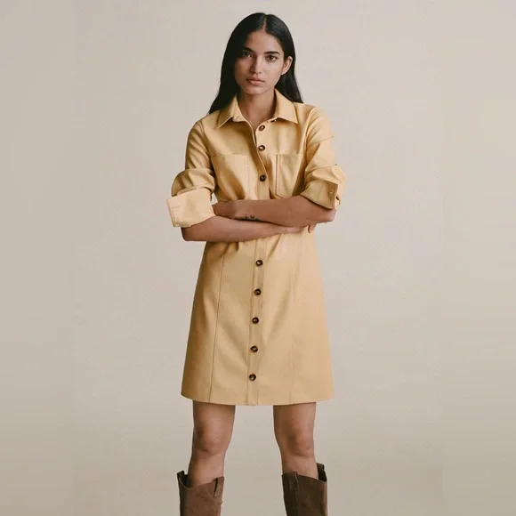 Mango Yellow Faux Leather Shirt Dress sz 2 - Picture 4 of 12